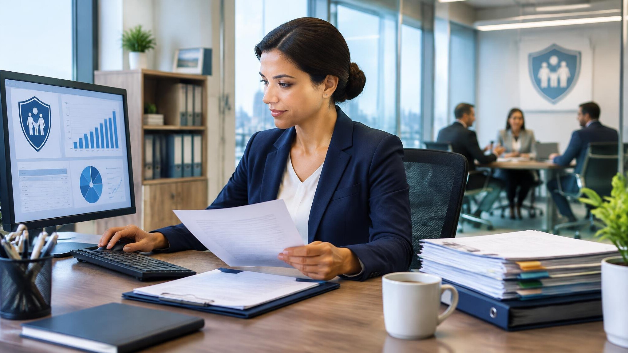 insurance agent at desk with computer