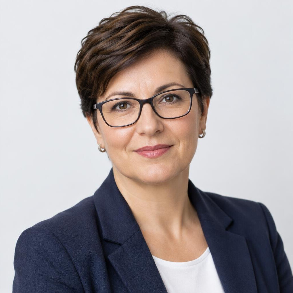 Studio portrait of a woman with glasses and short hair