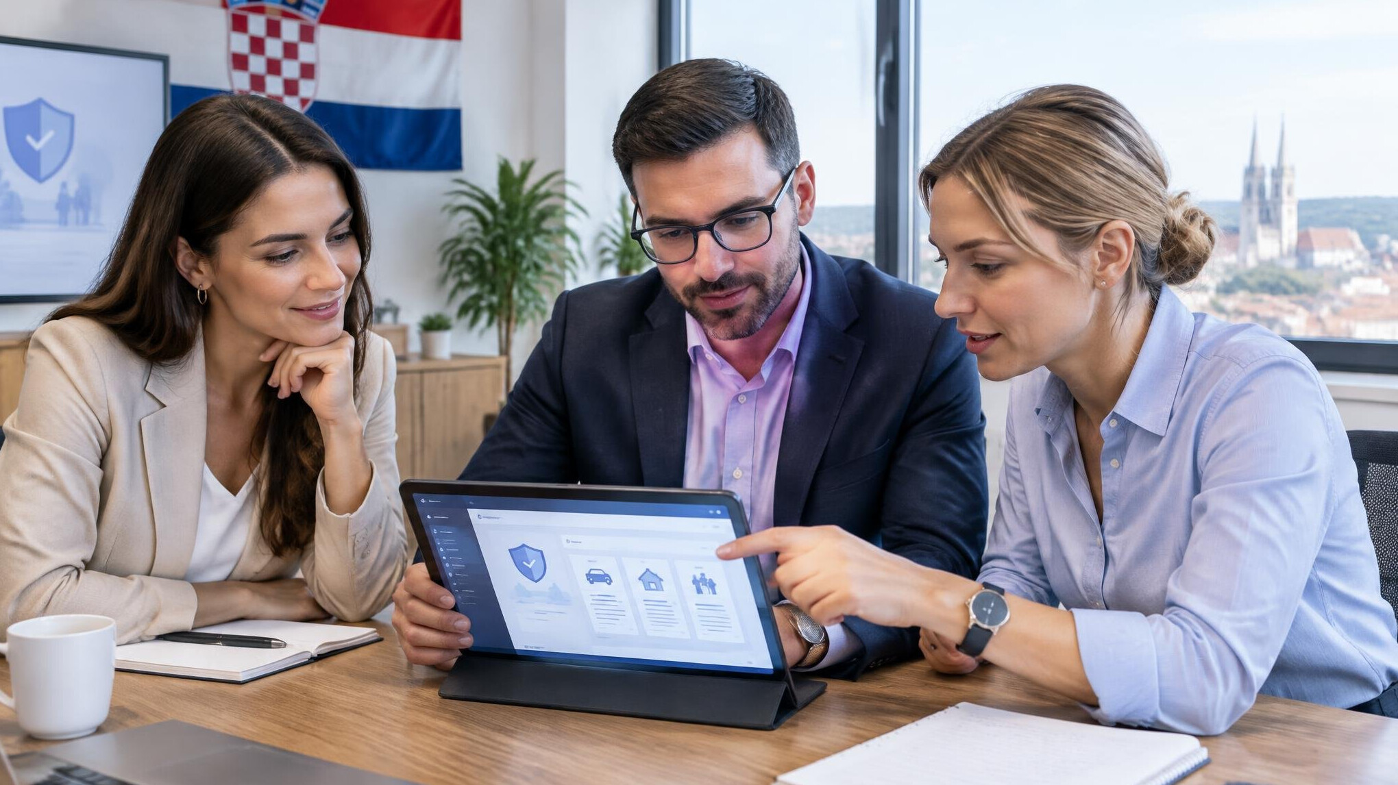 Small team in a meeting room reviewing digital documents