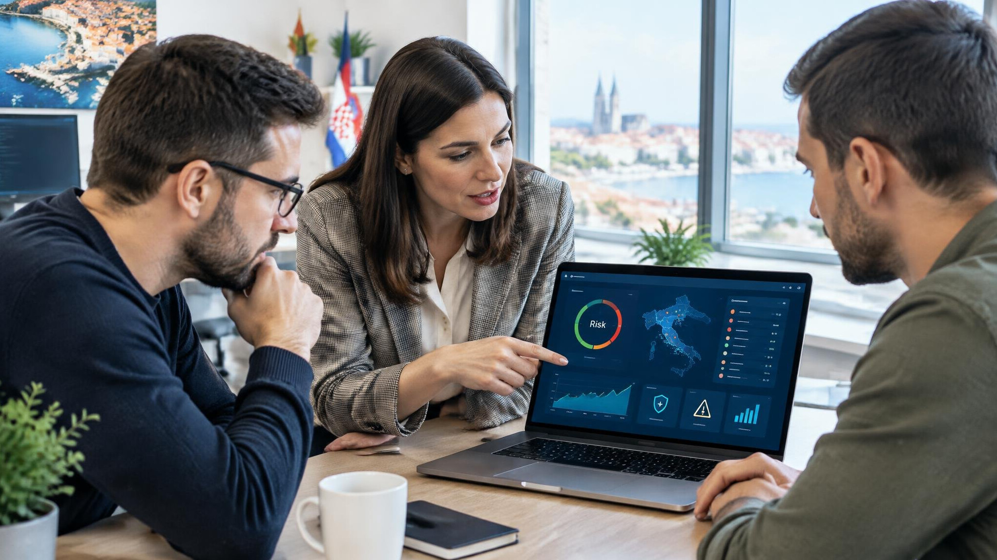 Team of IT professionals discussing software on a laptop screen