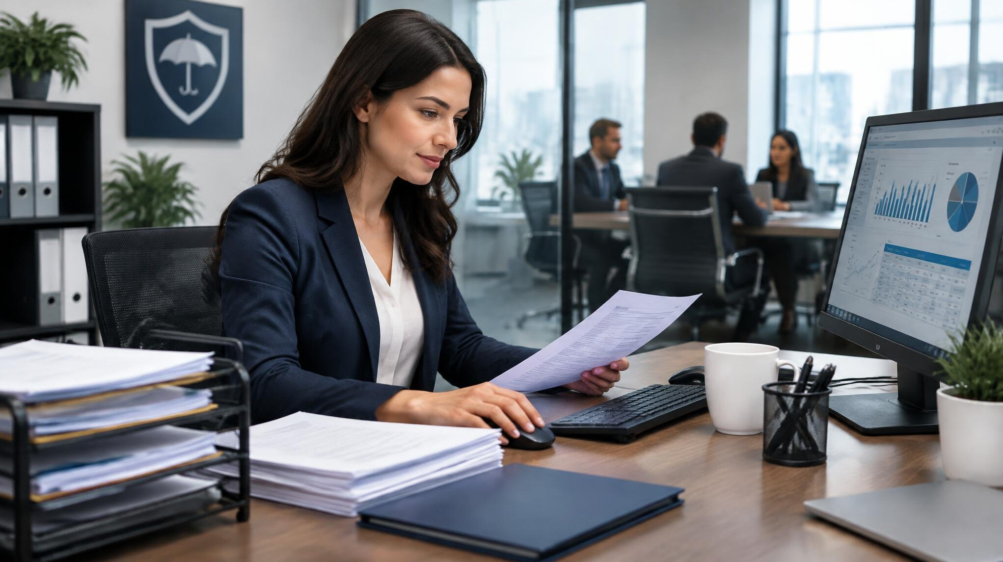 insurance agent at desk with computer