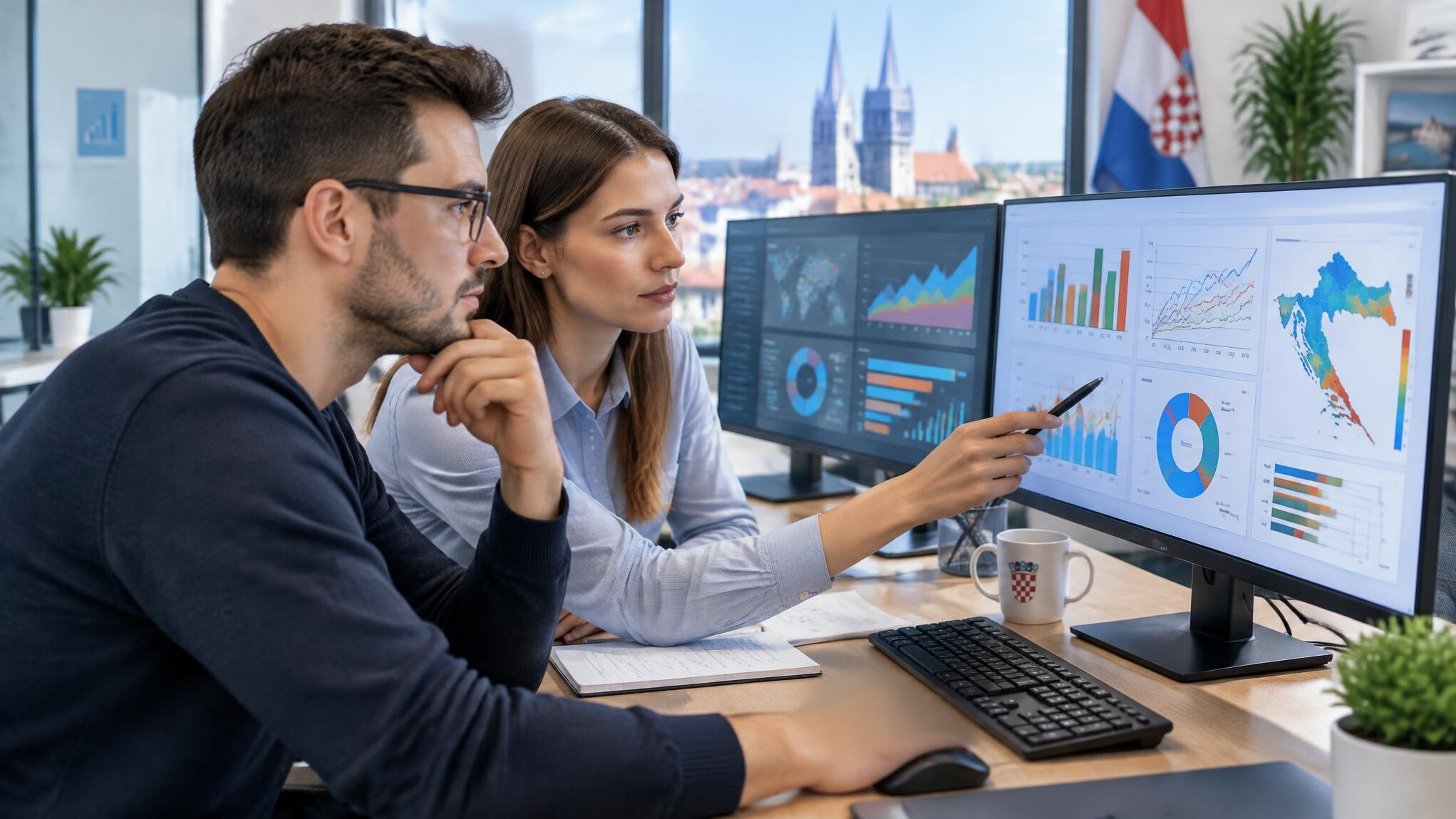 Data analysts reviewing charts on multiple computer screens