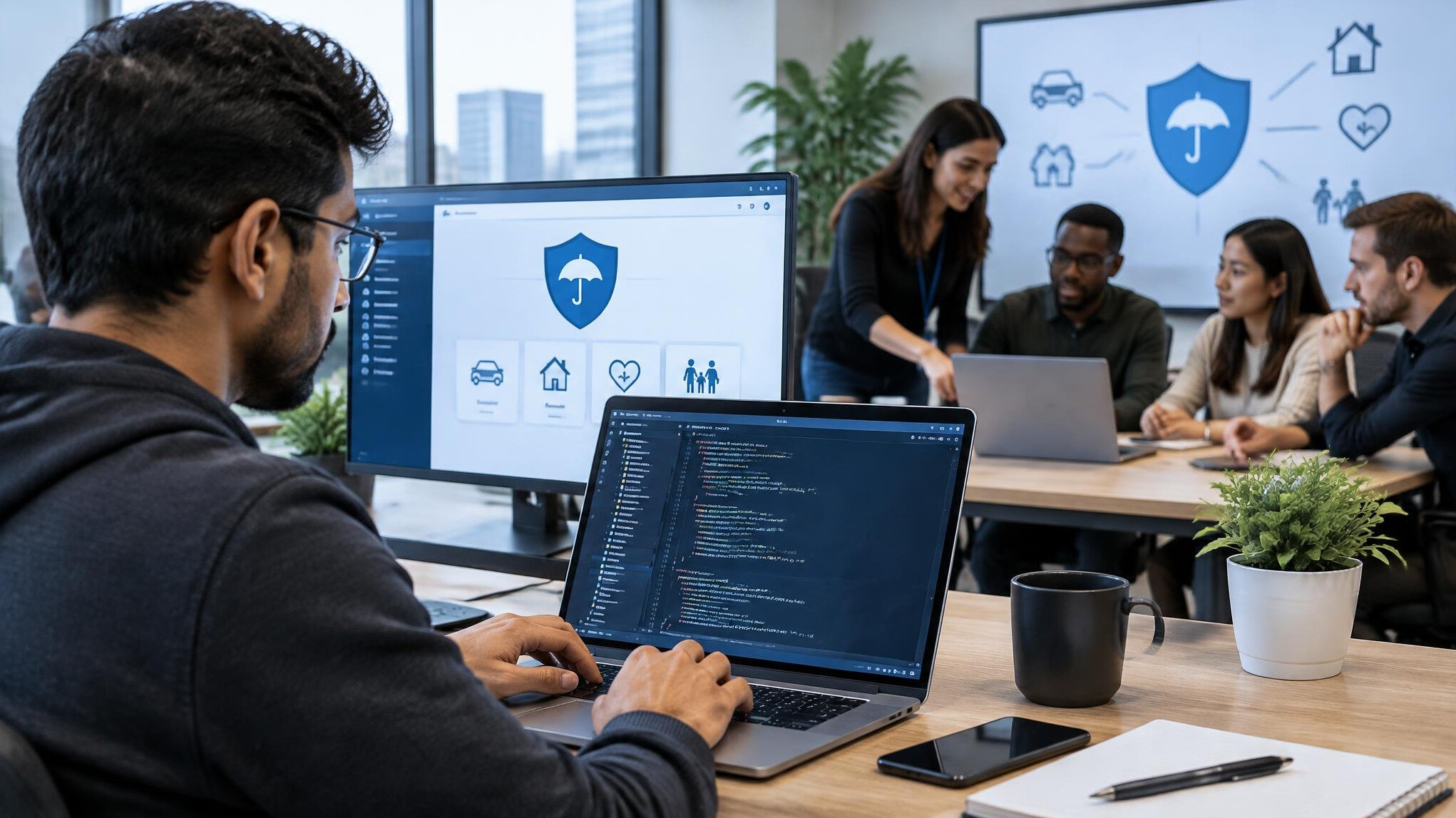 insurance expert coding on laptop